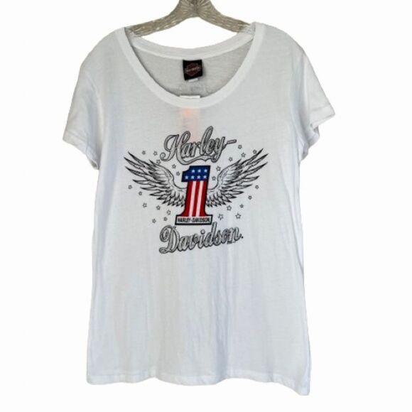Harley-Davidson Tops - Harley Davidson Women's Winged Graphic Patriot Red White Jewel Biker Tee SZ L